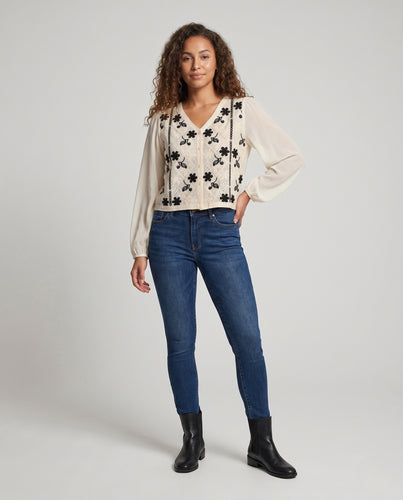 Damen elegante kurzärmelige Bluse mit floralem Häkel-Design EB
