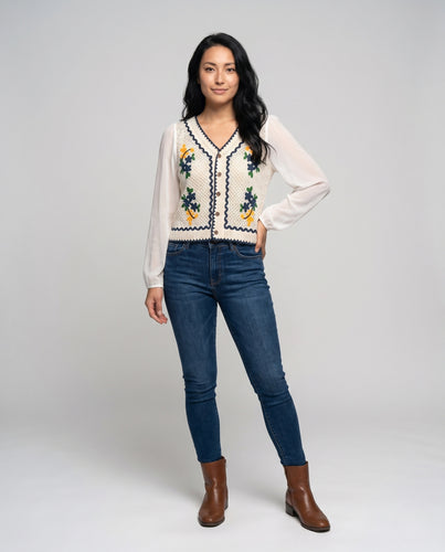 Damen elegante Strickweste mit floralem Design EB