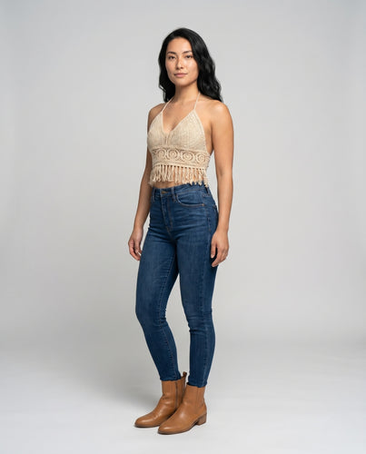 Damen elegantes gehäkeltes Top mit fransigem Saum EB