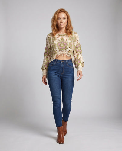 Damen gehäkelte Sommerjacke mit buntem Blumenmuster EB