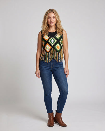 Damen gehäkeltes Crop-Top mit buntem Quadratmuster und Fransen EB