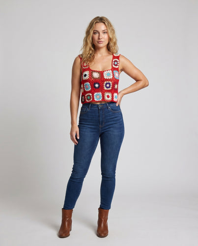 Damen gehäkeltes Crop-Top mit bunten Patchwork-Mustern EB