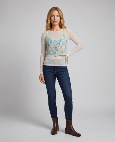 Damen gehäkeltes Crop-Top mit floralem Design und transparenter Spitze EB