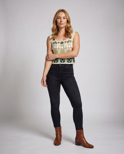Damen gehäkeltes Crop-Top mit floralem Muster und Rüschen EB