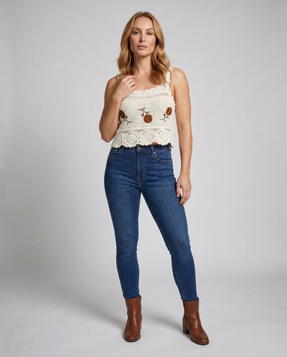 Damen gehäkeltes Crop-Top mit floralem Stickdesign EB