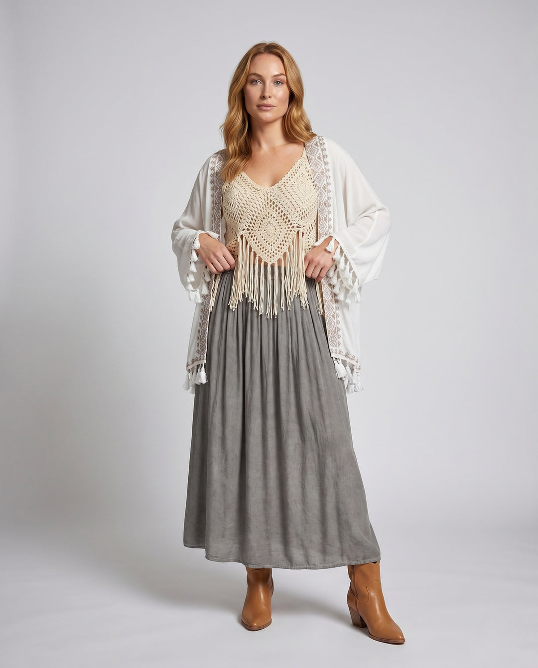 Damen gehäkeltes Crop-Top mit Fransen und romantischem Design EB