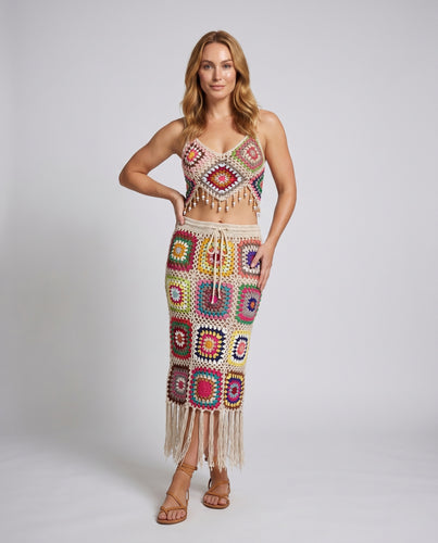 Damen gehäkeltes Crop-Top und Rock-Set mit bunten Mustern EB