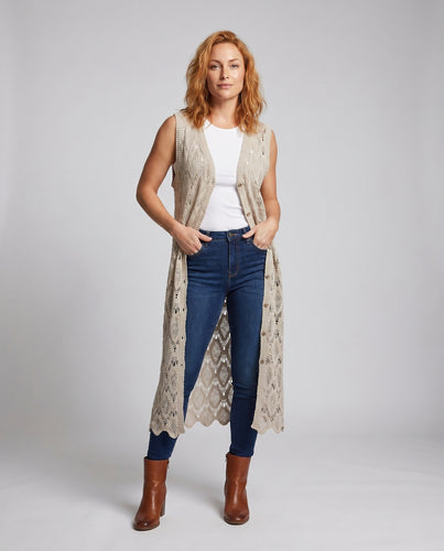 Damen gehäkeltes Maxikleid mit breiten Trägern und Knopfleiste EB
