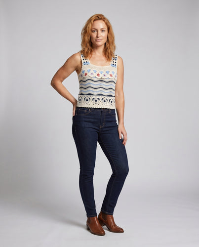 Damen gehäkeltes Oberteil mit bunten floralem Design EB