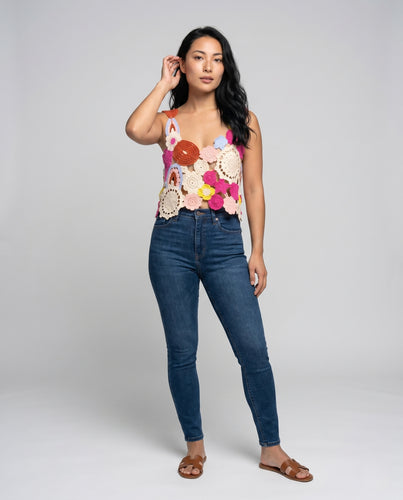 Damen gehäkeltes Top mit bunten Blumenmotiven EB