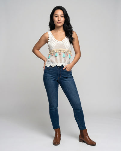 Damen gehäkeltes Top mit Quasten und verspieltem Design EB