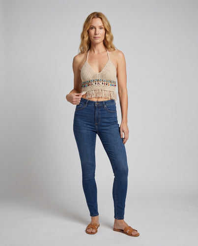 Damen Häkel-Bikinioberteil mit fransigen Details und bunten Applikationen EB