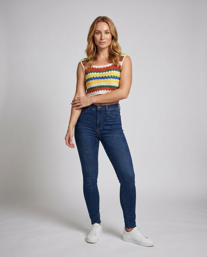 Damen Häkel-Crop-Top mit buntem Muster und feiner Verarbeitung EB