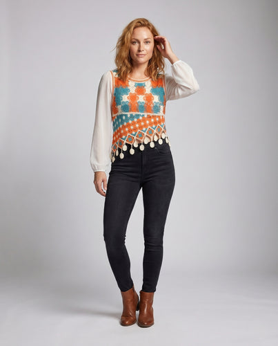 Damen Häkel-Crop-Top mit verspielten Troddeln und bunten Mustern EB