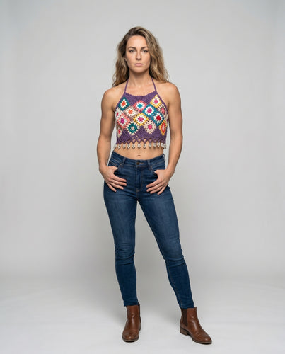 Damen Häkelbluse mit buntem Granny-Square-Muster EB