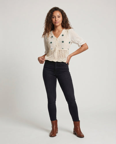 Damen Häkelbluse mit floralem Design und elegantem V-Ausschnitt EB