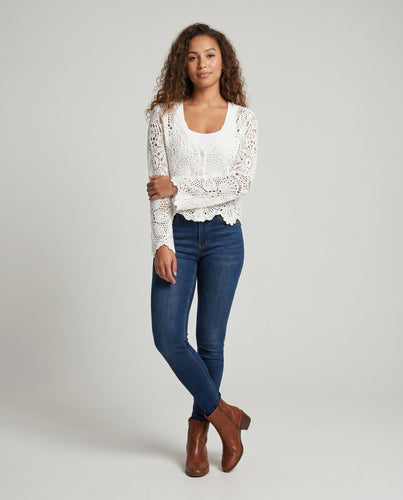Damen Häkelbluse mit floralem Design und romantischem V-Ausschnitt EB