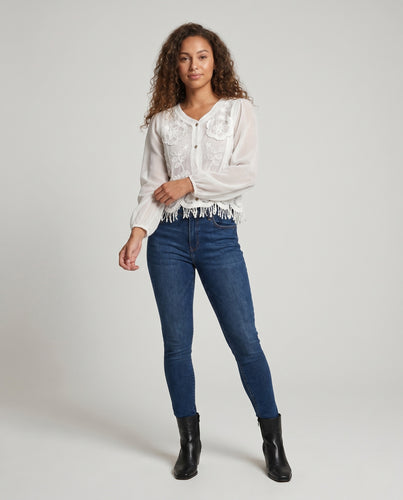 Damen Häkelbluse mit floralen Einsätzen und Knopfleiste EB