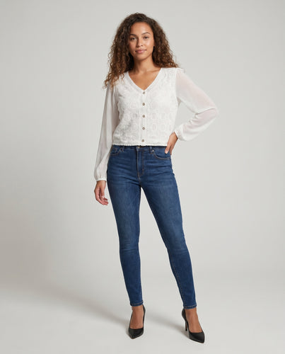 Damen Häkelbluse mit puffärmeligen Details und Knopfleiste EB
