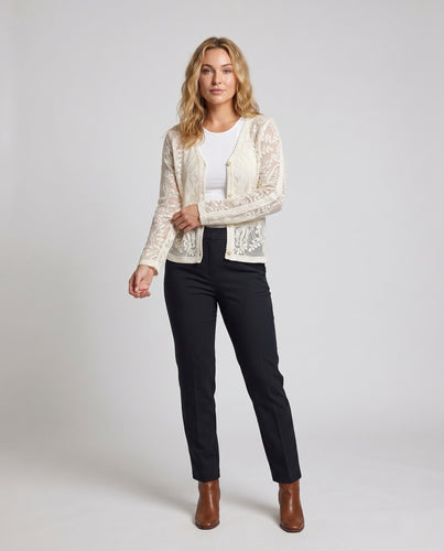 Damen Häkeljacke mit transparenten floralen Mustern und eleganter Knopfleiste EB
