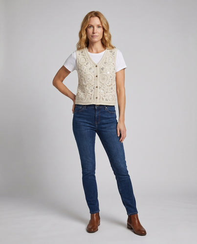 Damen Häkeloberteil mit asymmetrischem Saum und floralen Motiven EB