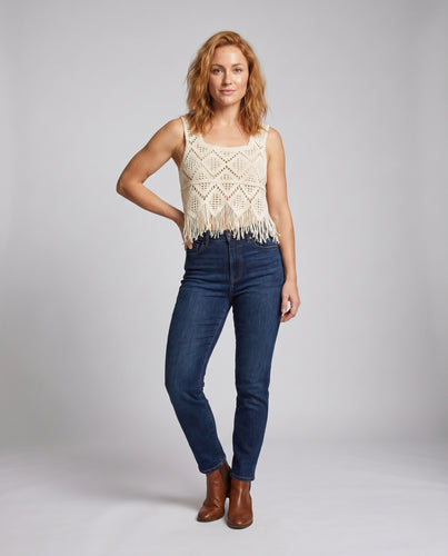 Damen Häkeloberteil mit floralem Design und Fransen EB