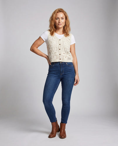 Damen Häkeloberteil mit floralem Design und Knopfleiste EB
