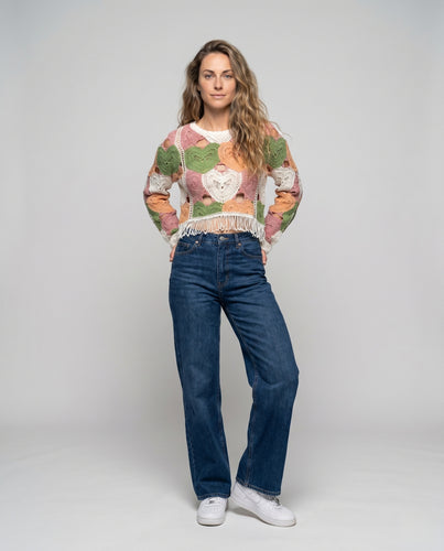 Damen Häkelpullover mit herzförmigem Muster und Fransen EB