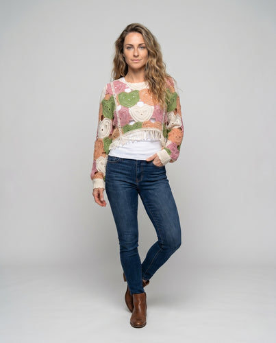 Damen Häkelpullover mit Herzmuster und Fransen EB
