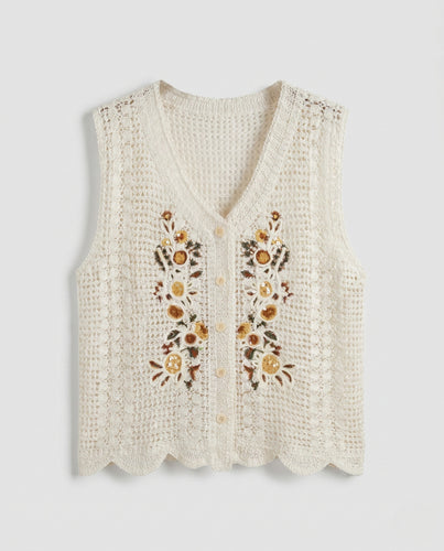 Damen handgehäkelte Bluse mit floralen Applikationen EB
