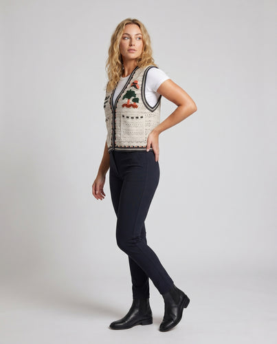 Damen handgehäkelte Weste mit farbenfrohen Motiven und Knopfleiste EB