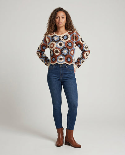Damen lässiger Häkelpullover mit buntem Retro-Muster EB