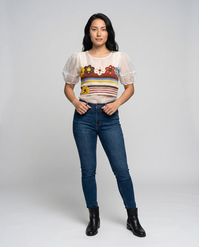 Damen lässiges gehäkeltes Oberteil mit bunten Blumenmotiven EB