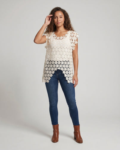 Damen luftige Häkelbluse mit floralen Applikationen EB