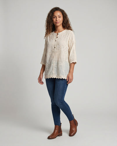 Damen luftige Häkelbluse mit floralen Details EB