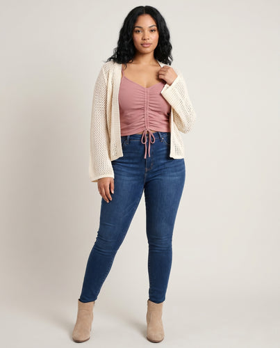 Damen luftiger Häkelcardigan mit verstellbarem Kordelzug EB