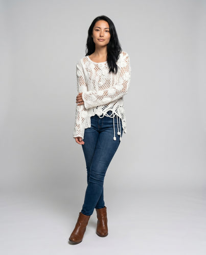 Damen luftiger Häkelpullover mit Blumenmuster EB