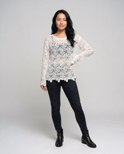 Damen luftiger Häkelpullover mit romantischen Blumenmustern EB