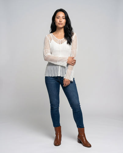 Damen luftiger Häkelpullover mit Spitzenärmel EB