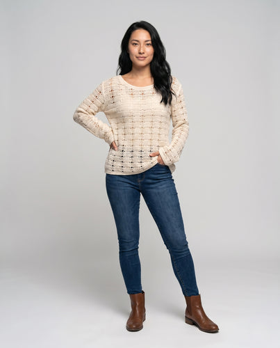 Damen luftiger Strickpullover mit transparenten Maschen EB