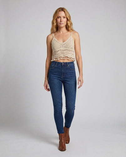 Damen luftiges gehäkeltes Crop-Top mit verspielten Fransen EB