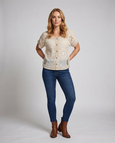 Damen luftiges Häkel-Oberteil mit floralen Stickereien EB
