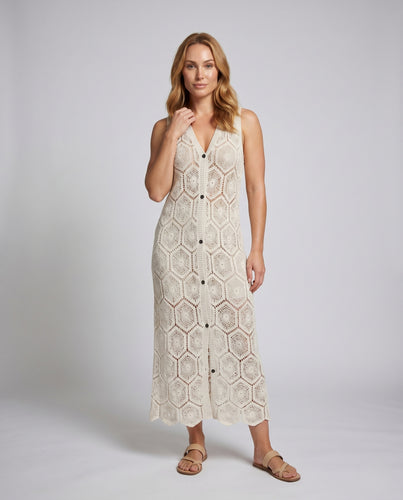 Damen luftiges Häkelkleid mit V-Ausschnitt und verstellbarem Gürtel EB