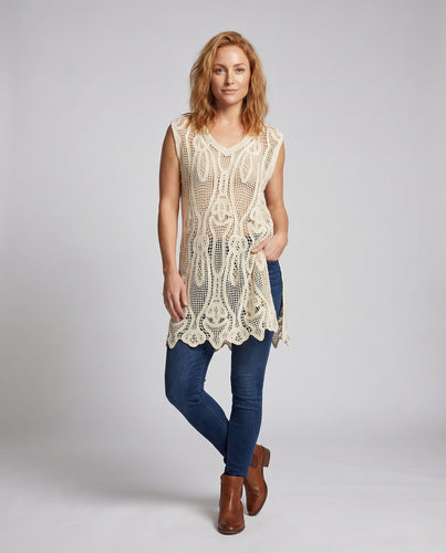 Damen luftiges Häkeloberteil mit floralen Mustern und Asymmetrischem Saum EB