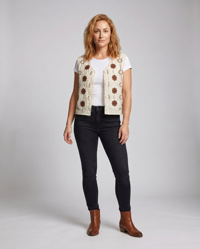 Damen luftiges Häkeloberteil mit floralen Stickereien und elegantem V-Ausschnitt EB
