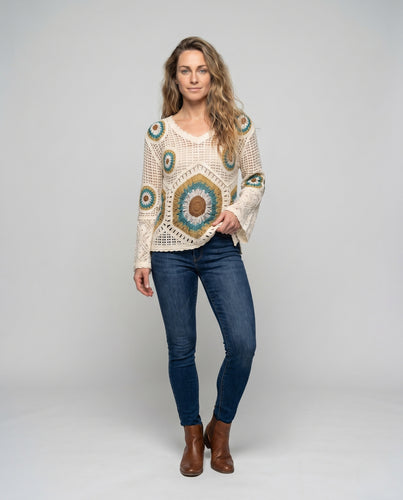 Damen luftiges Häkelshirt mit bunten Stickereien EB