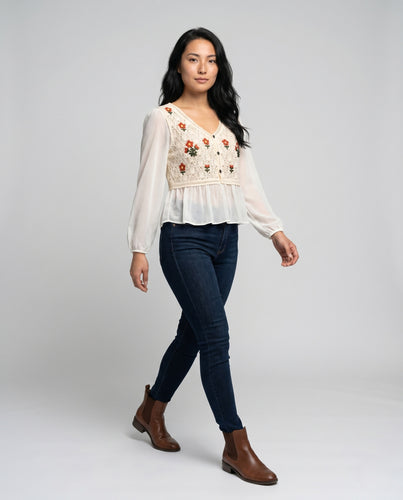 Damen romantische Häkelbluse mit floralen Verzierungen und Knopfleiste EB
