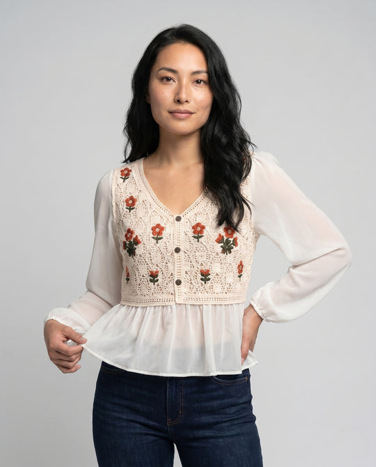 Damen romantische Häkelbluse mit floralen Verzierungen und Knopfleiste EB
