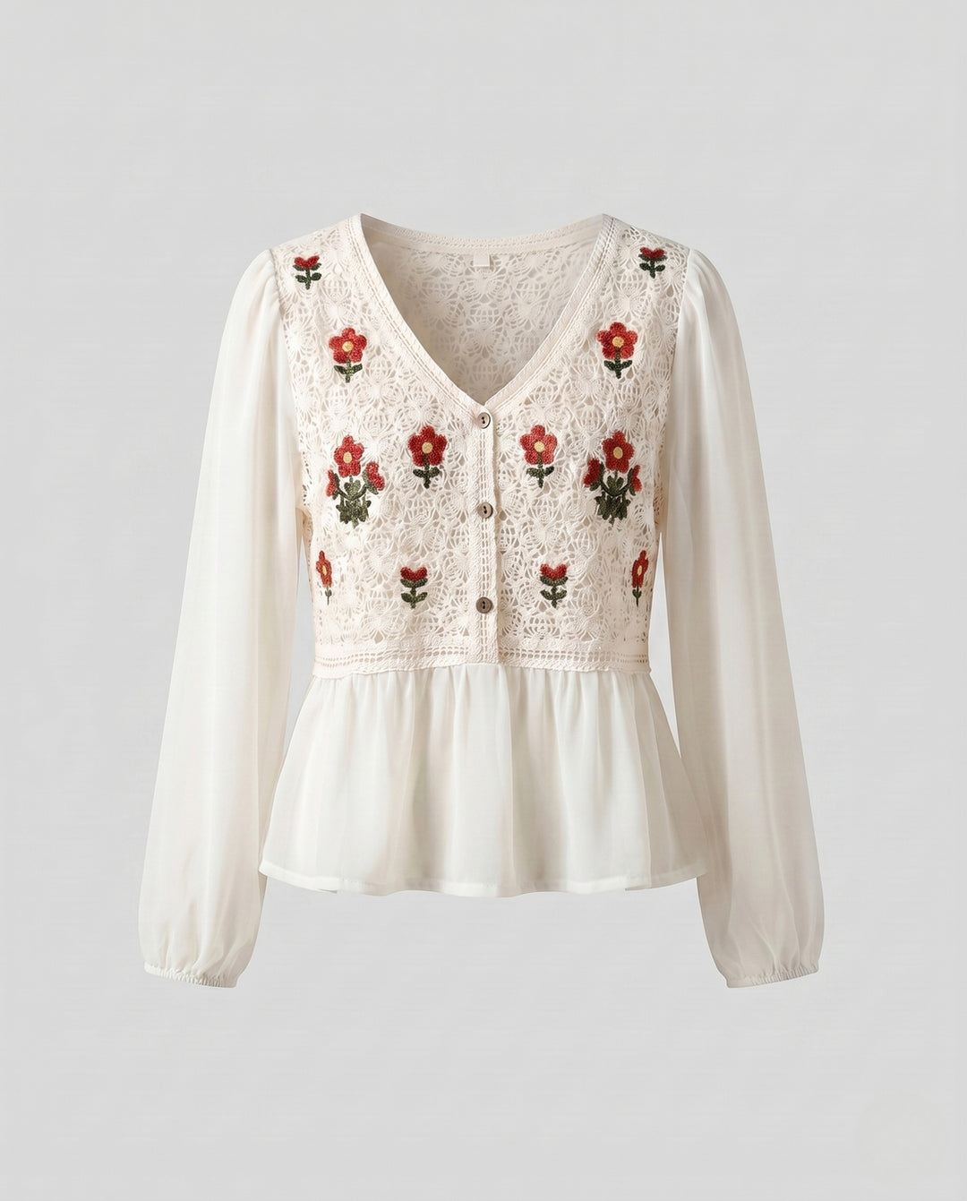 Damen romantische Häkelbluse mit floralen Verzierungen und Knopfleiste EB