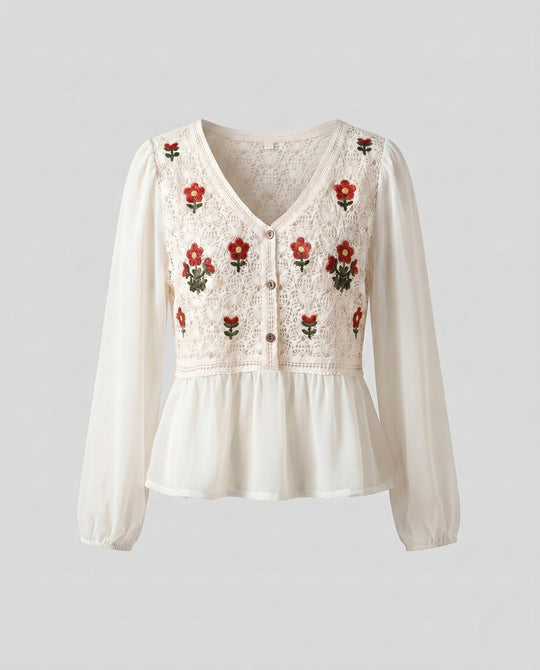 Damen romantische Häkelbluse mit floralen Verzierungen und Knopfleiste EB